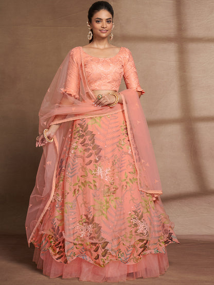 Odette Women Peach Net Print With Sequins Semi Stitched Lehenga Choli