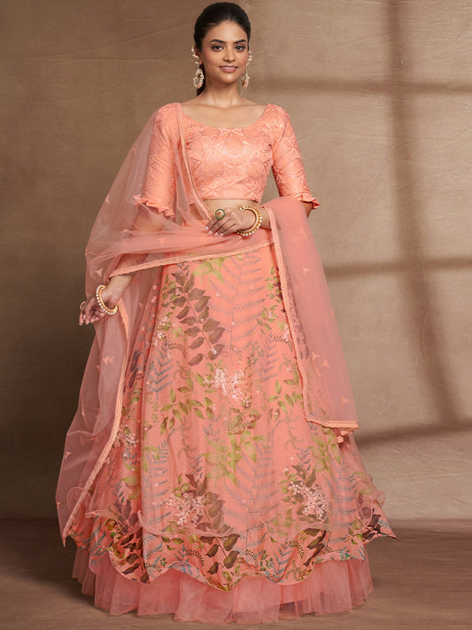 Odette Women Peach Net Print With Sequins Semi Stitched Lehenga Choli