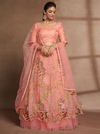 Odette Women Peach Net Print With Sequins Semi Stitched Lehenga Choli