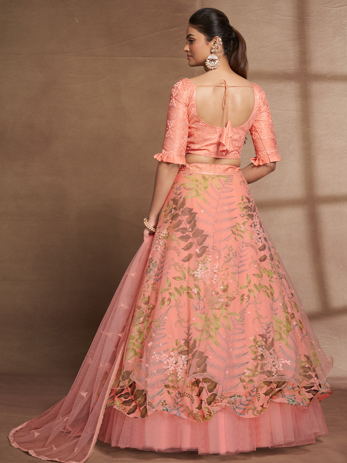Odette Women Peach Net Print With Sequins Semi Stitched Lehenga Choli