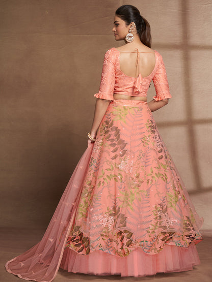 Odette Women Peach Net Print With Sequins Semi Stitched Lehenga Choli