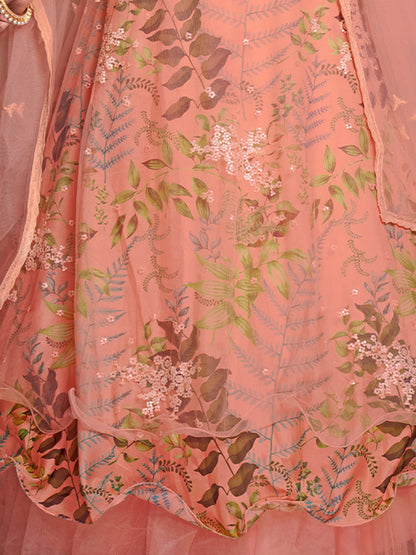 Odette Women Peach Net Print With Sequins Semi Stitched Lehenga Choli