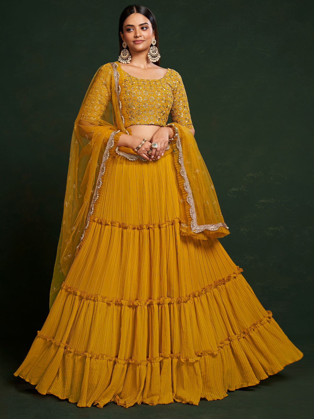 Odette Women Mustard Faux Georgette Embroidered Semi Stitched Lehenga Choli