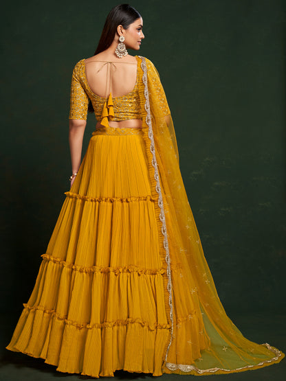 Odette Women Mustard Faux Georgette Embroidered Semi Stitched Lehenga Choli