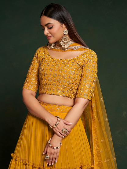 Odette Women Mustard Faux Georgette Embroidered Semi Stitched Lehenga Choli