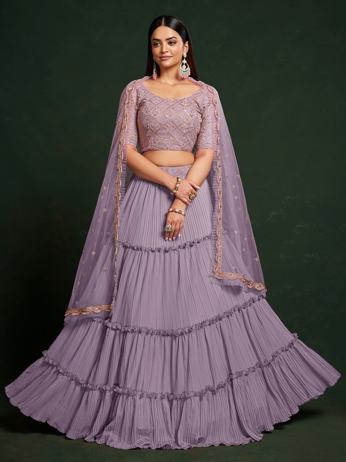 Odette Women Lavender Faux Georgette Semi Stitched Lehenga Choli