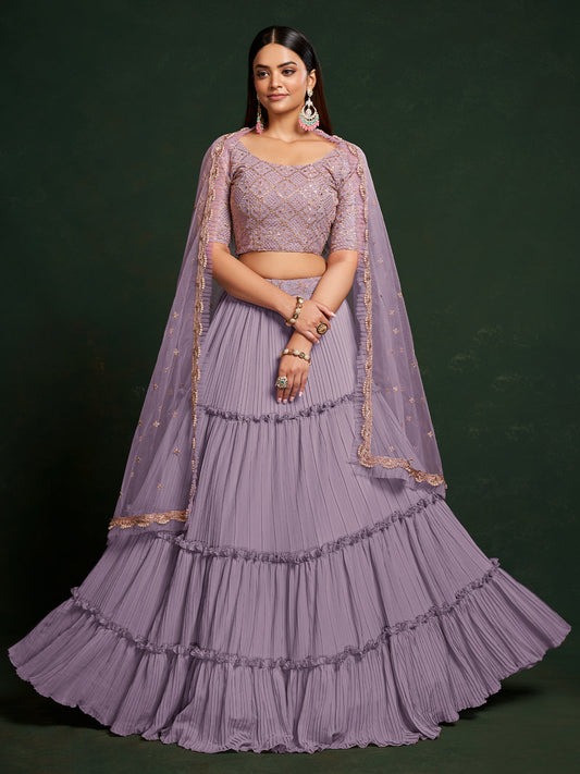 Odette Women Lavender Faux Georgette Semi Stitched Lehenga Choli
