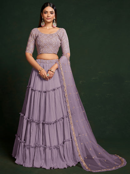 Odette Women Lavender Faux Georgette Semi Stitched Lehenga Choli
