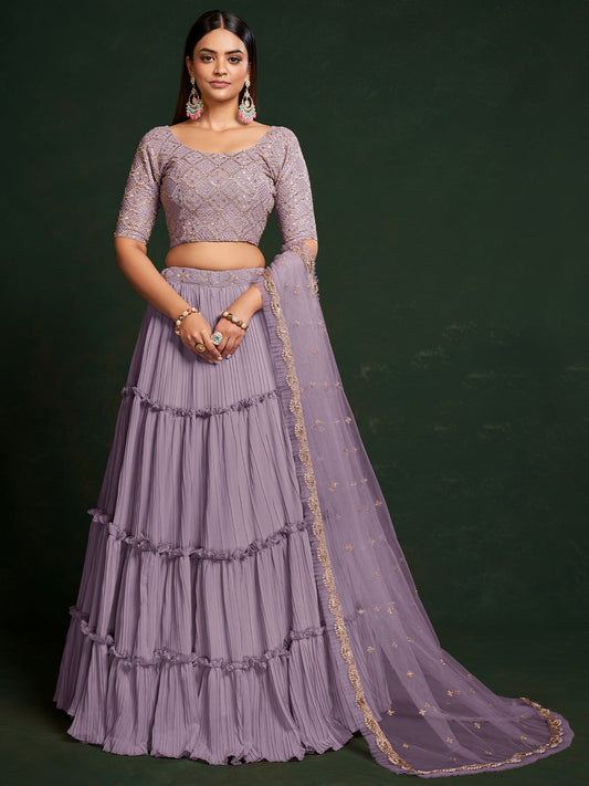 Odette Women Lavender Faux Georgette Semi Stitched Lehenga Choli