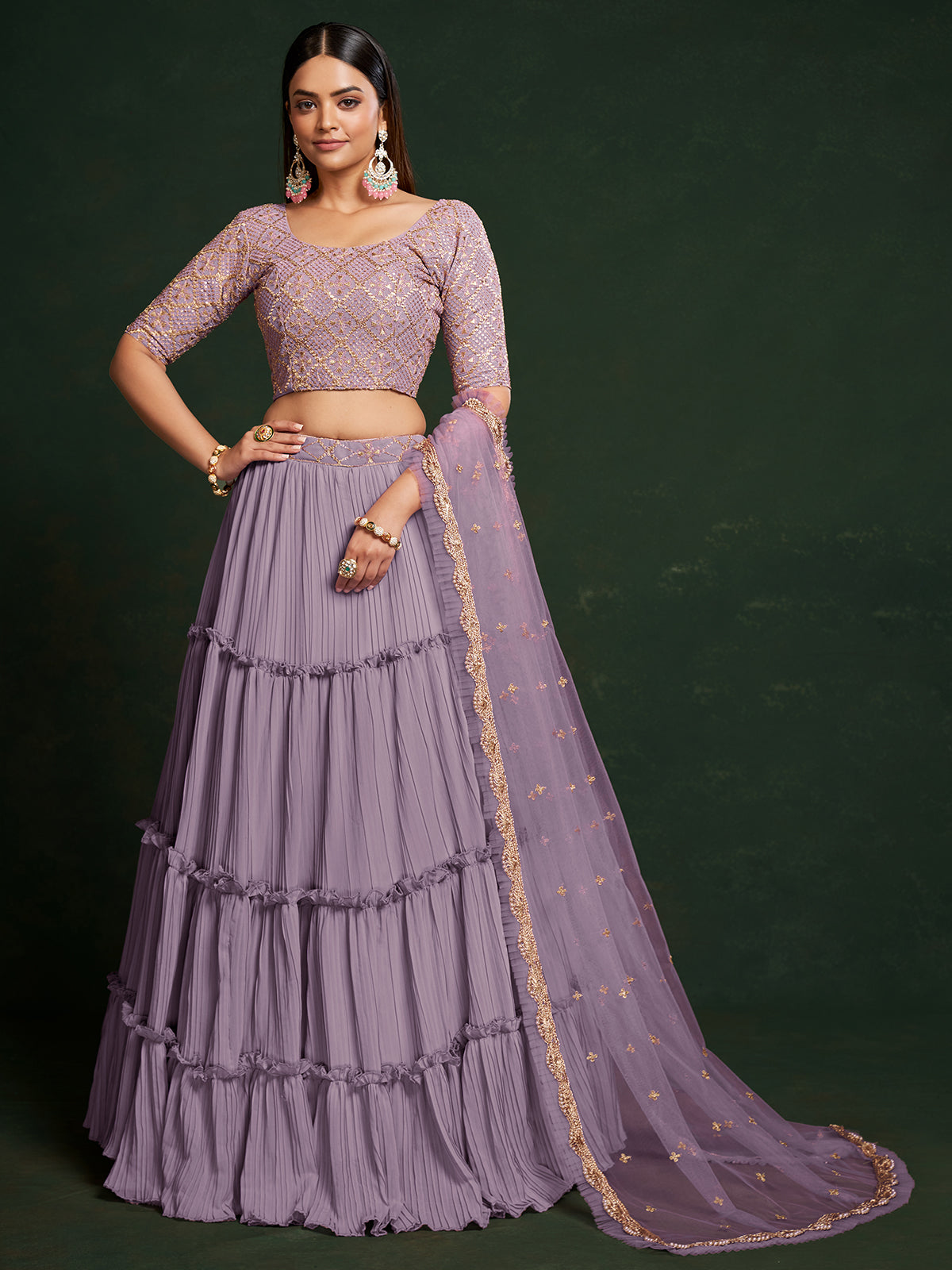 Odette Women Lavender Faux Georgette Semi Stitched Lehenga Choli