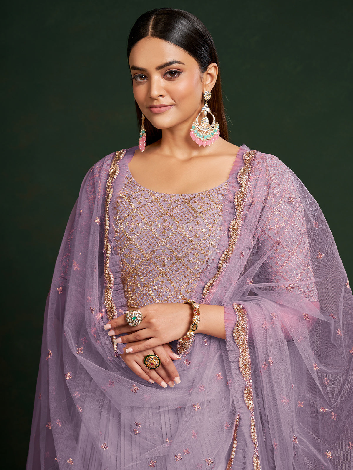 Odette Women Lavender Faux Georgette Semi Stitched Lehenga Choli