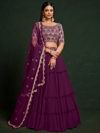 Odette Women Purple Faux Georgette Semi Stitched Lehenga Choli