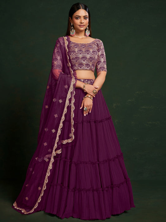 Odette Women Purple Faux Georgette Semi Stitched Lehenga Choli