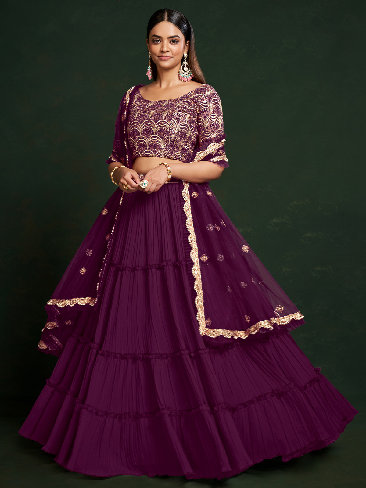 Odette Women Purple Faux Georgette Semi Stitched Lehenga Choli