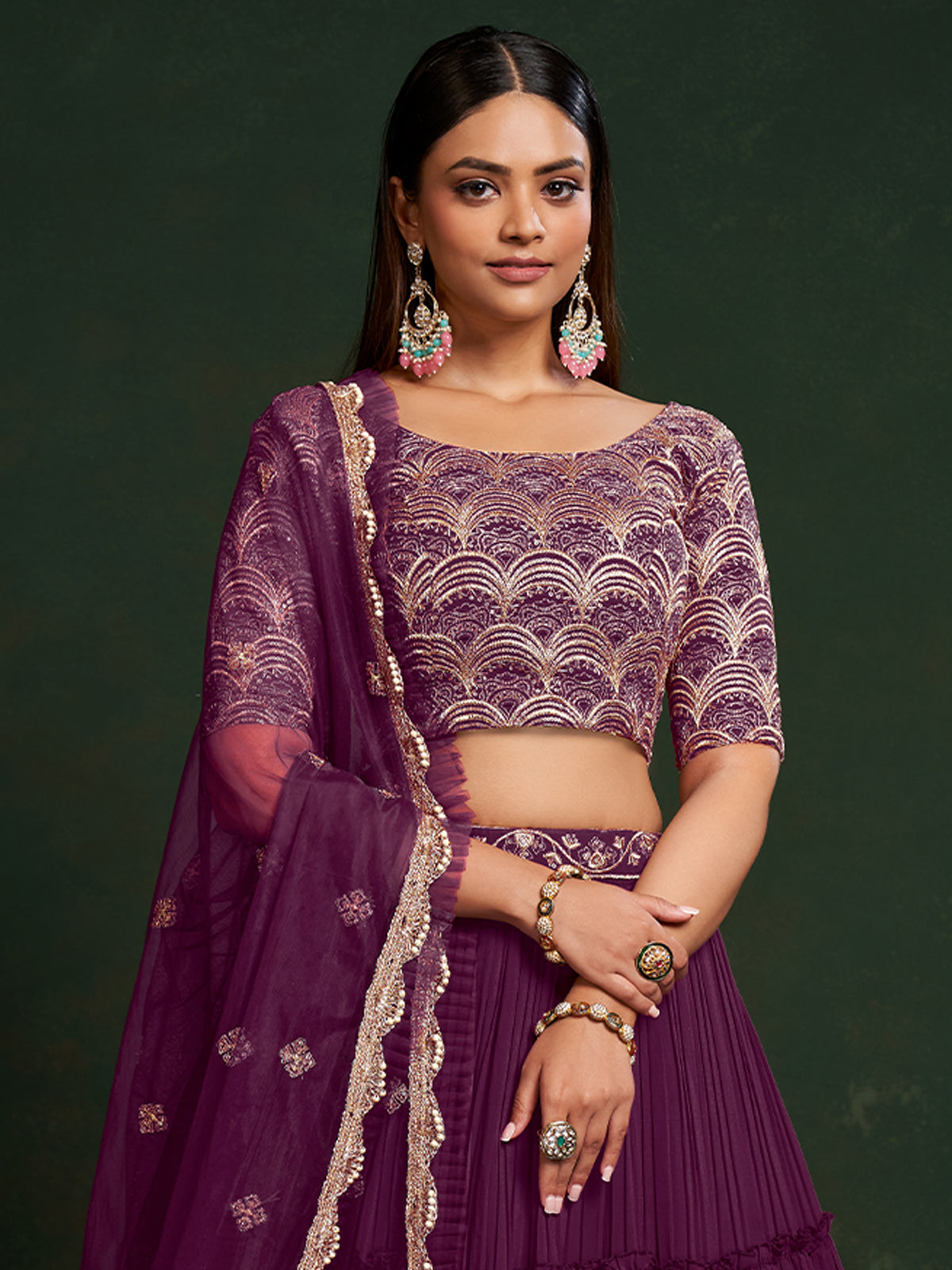 Odette Women Purple Faux Georgette Semi Stitched Lehenga Choli