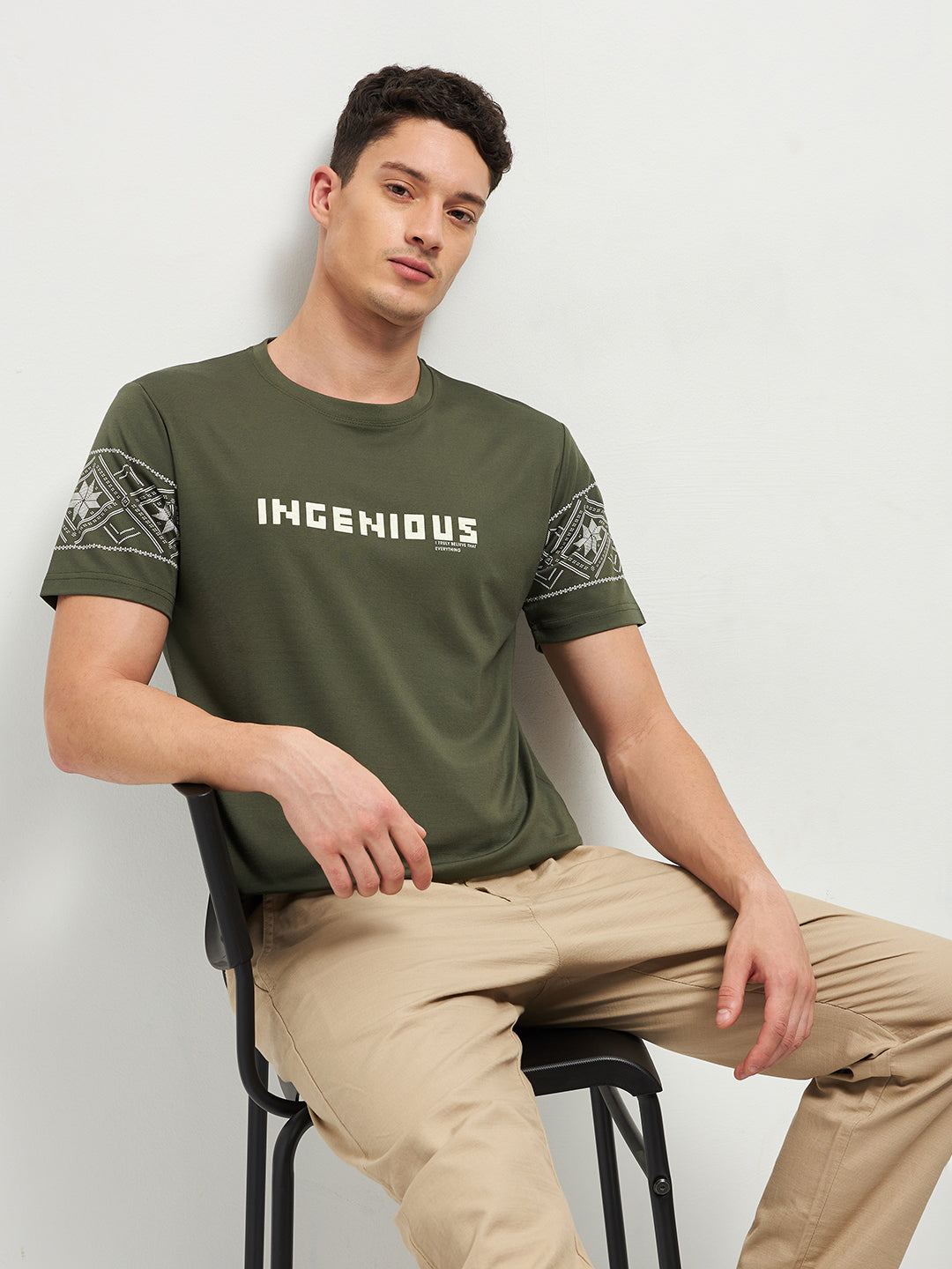Green Printed Crew Neck T Shirt