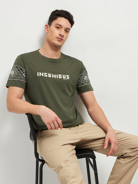 Green Printed Crew Neck T Shirt