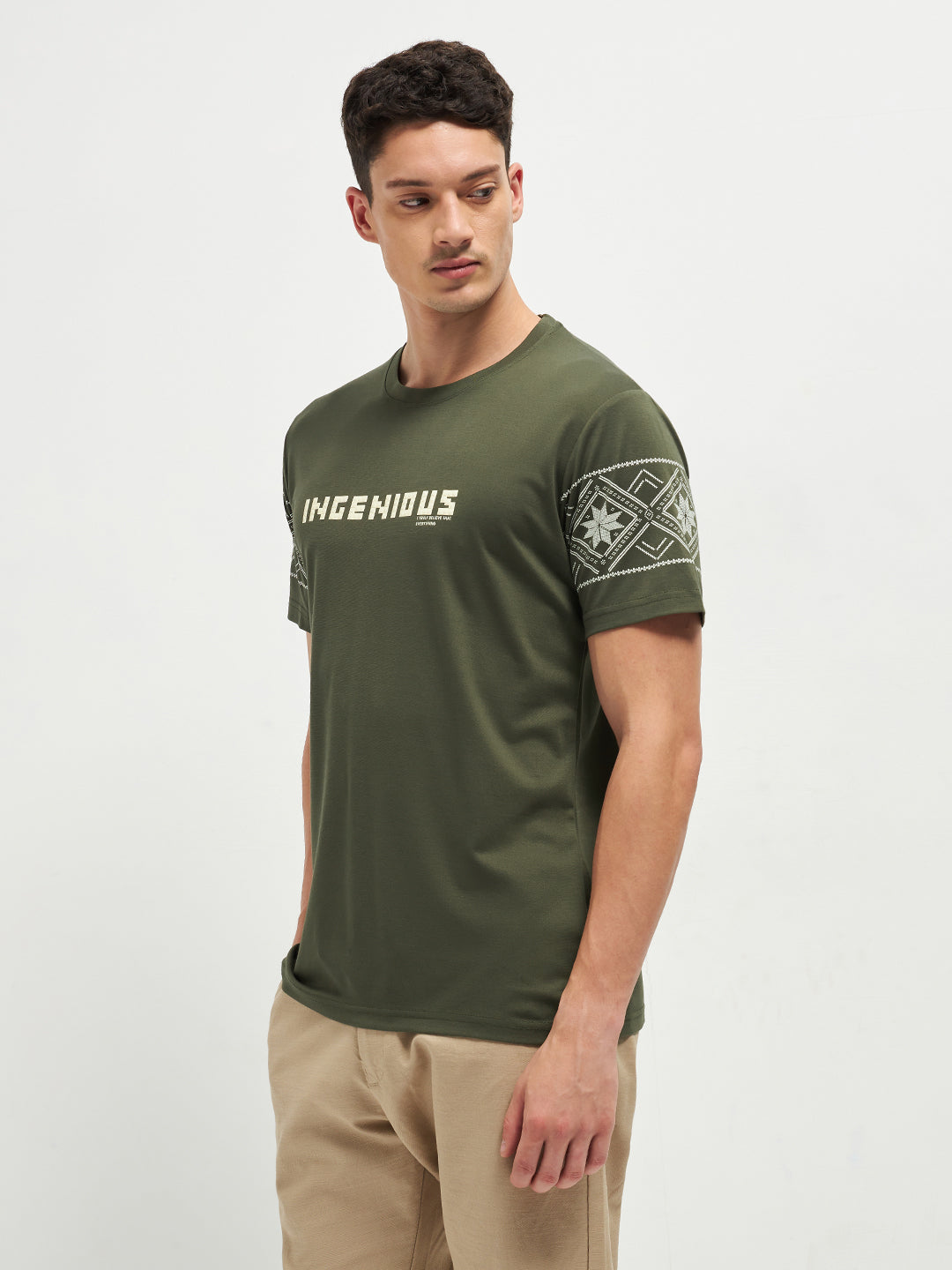 Green Printed Crew Neck T Shirt