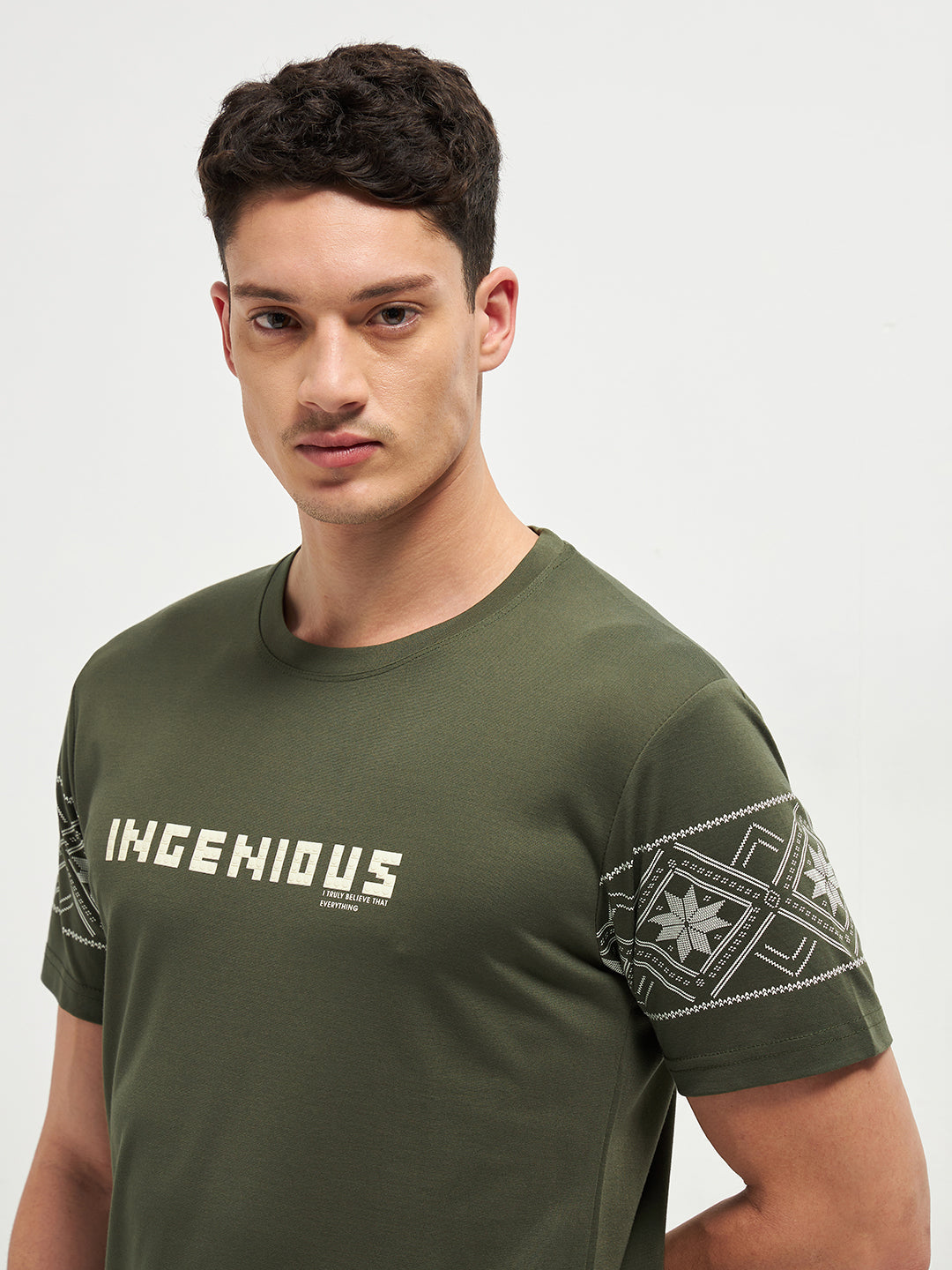 Green Printed Crew Neck T Shirt