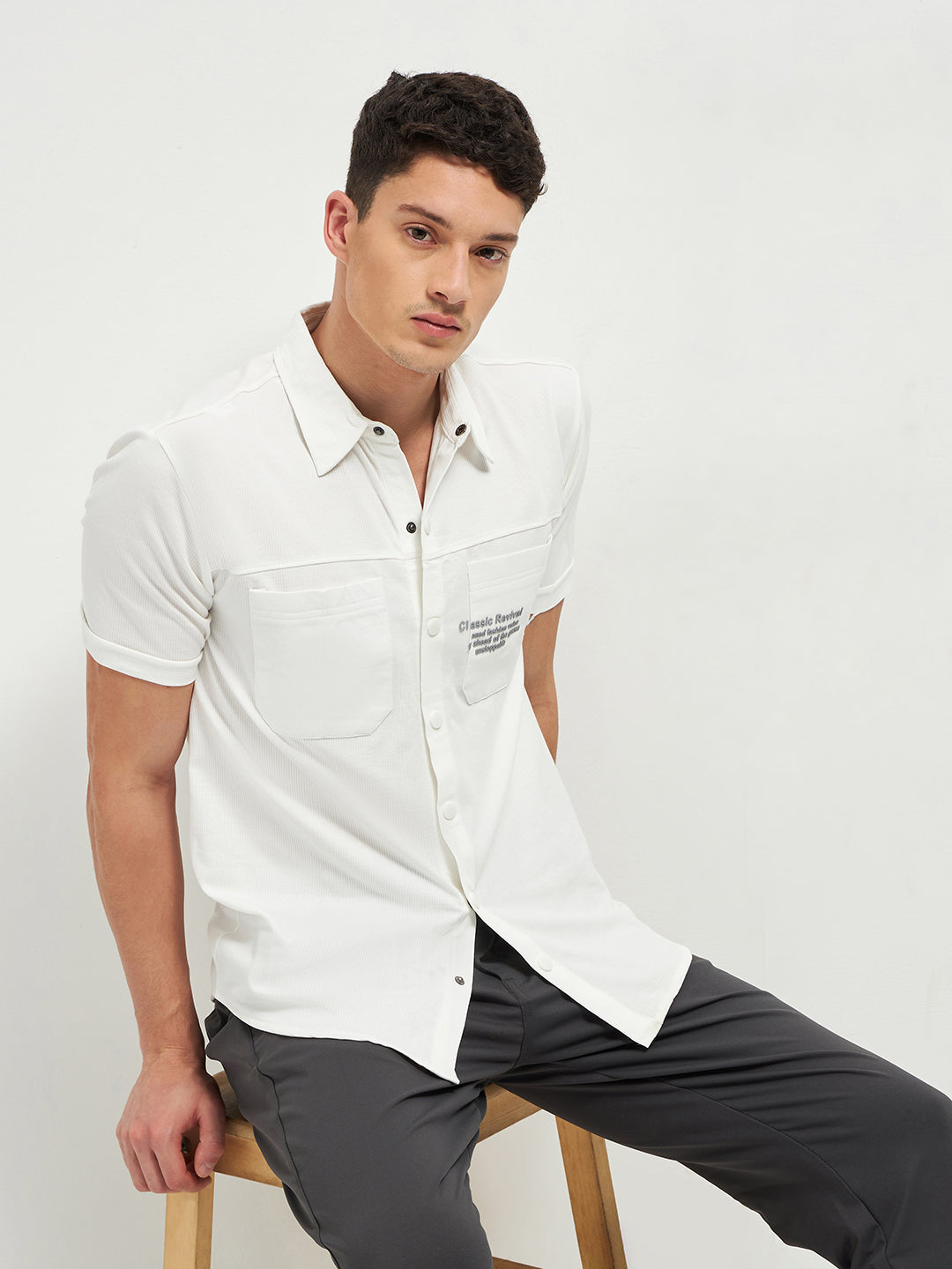 White Button Down Knit T Shirt