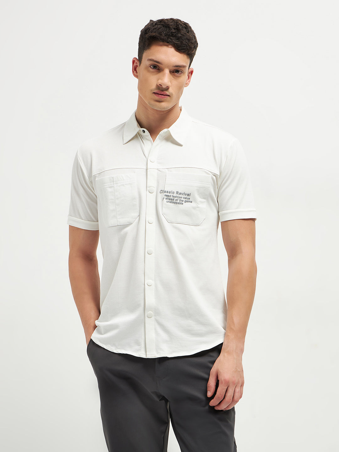 White Button Down Knit T Shirt