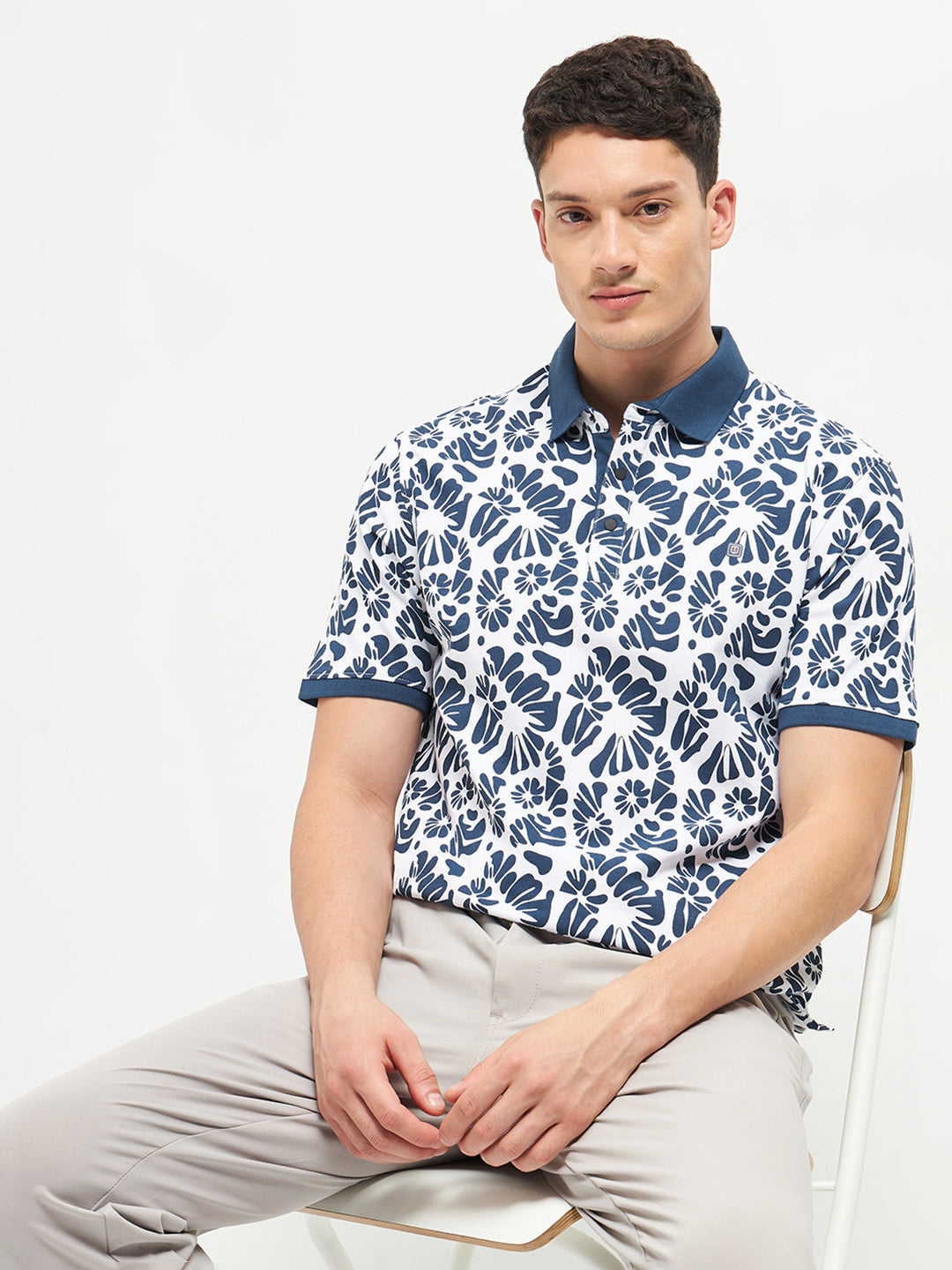 Blue Printed Polo T Shirt