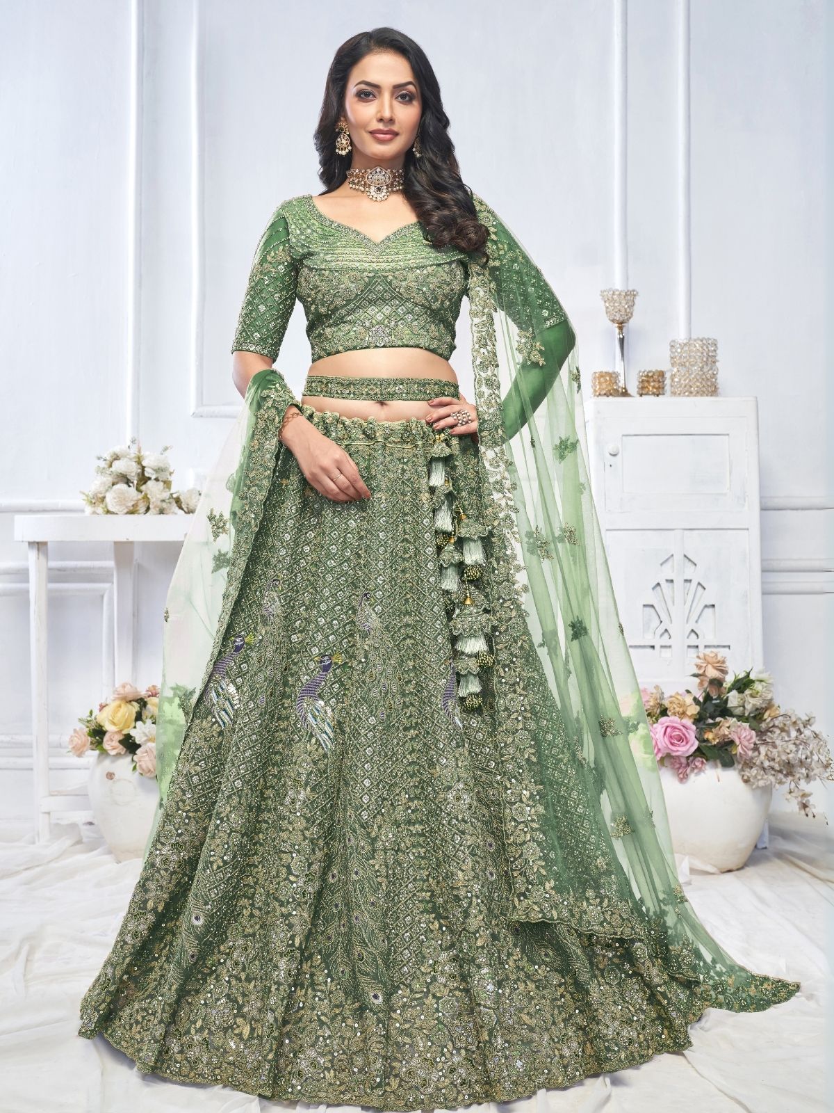 Odette Green Soft Net Embroidered Semi-Stitched Lehenga With Unstitched Blouse For Women