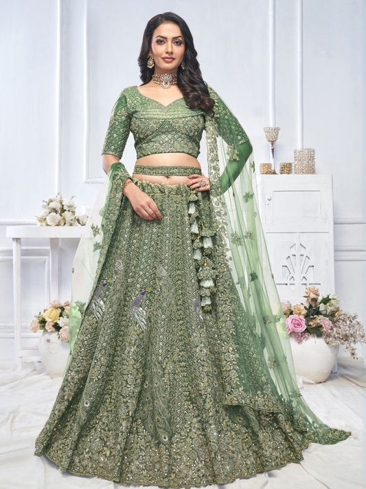 Odette Green Soft Net Embroidered Semi-Stitched Lehenga With Unstitched Blouse For Women