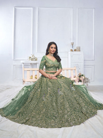 Odette Green Soft Net Embroidered Semi-Stitched Lehenga With Unstitched Blouse For Women