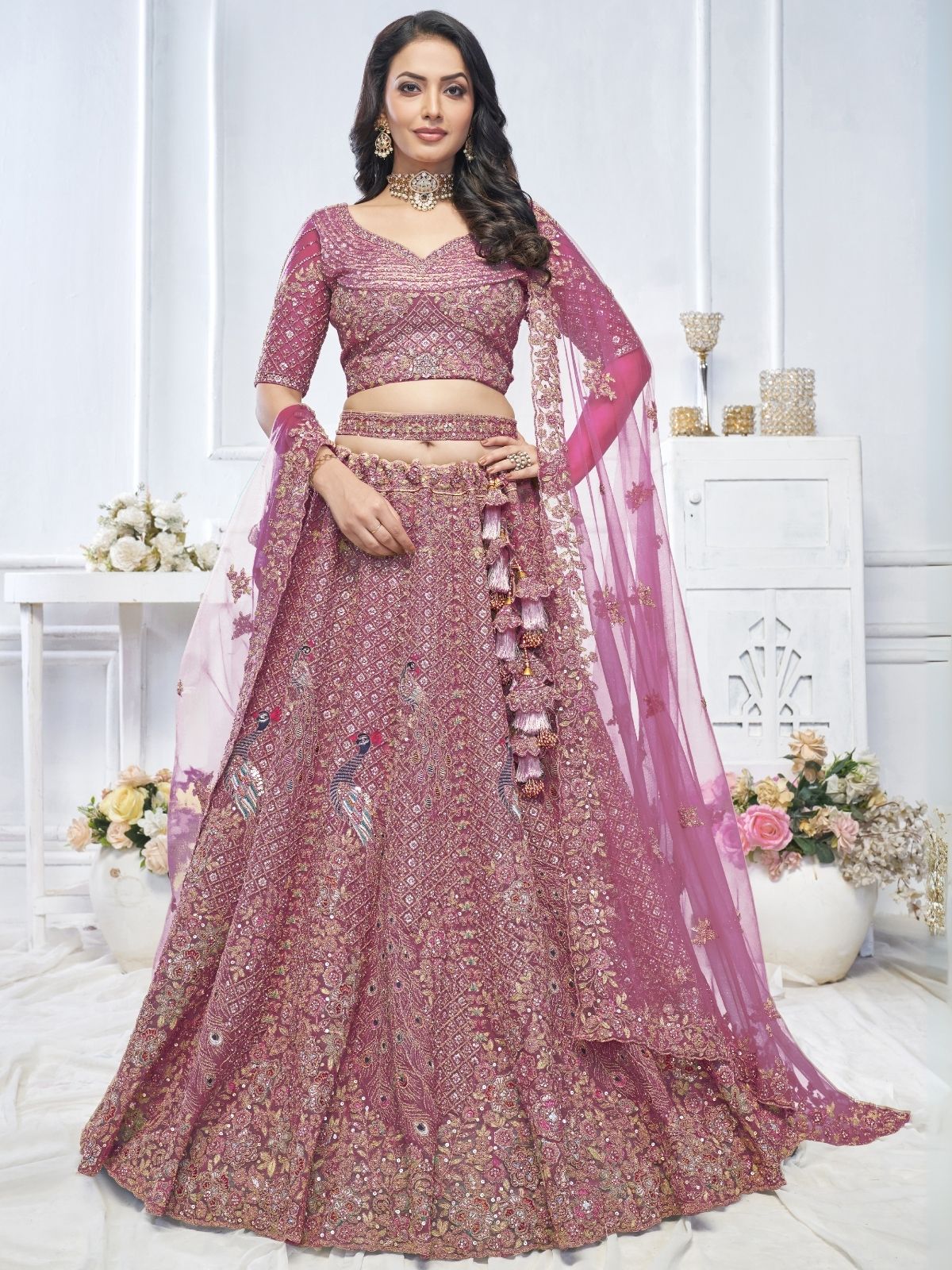 Odette Pink Soft Net Embroidered Semi-Stitched Lehenga With Unstitched Blouse For Women