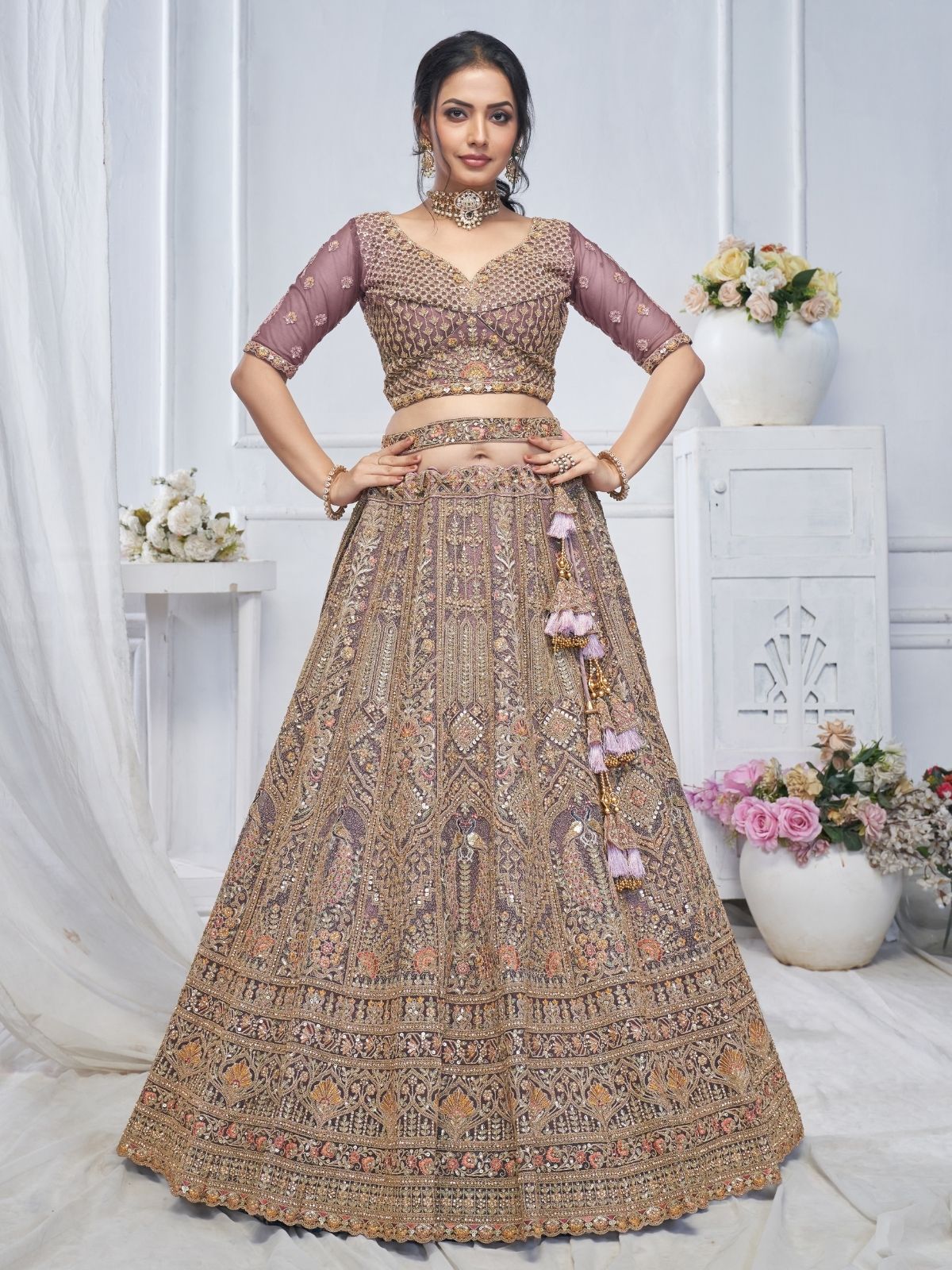 Odette Light Purple Soft Net Embroidered Semi-Stitched Lehenga With Unstitched Blouse For Women