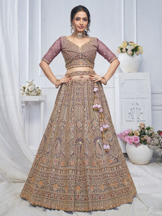 Odette Light Purple Soft Net Embroidered Semi-Stitched Lehenga With Unstitched Blouse For Women