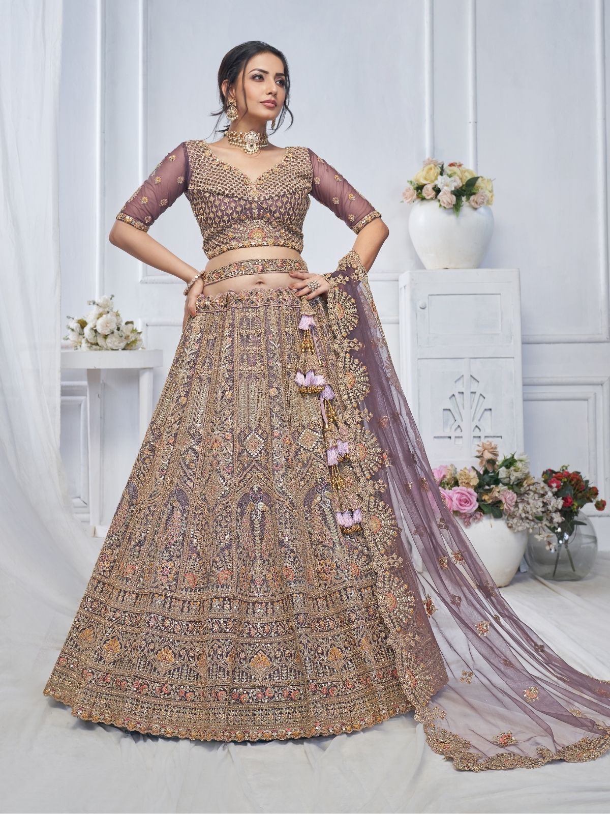 Odette Light Purple Soft Net Embroidered Semi-Stitched Lehenga With Unstitched Blouse For Women