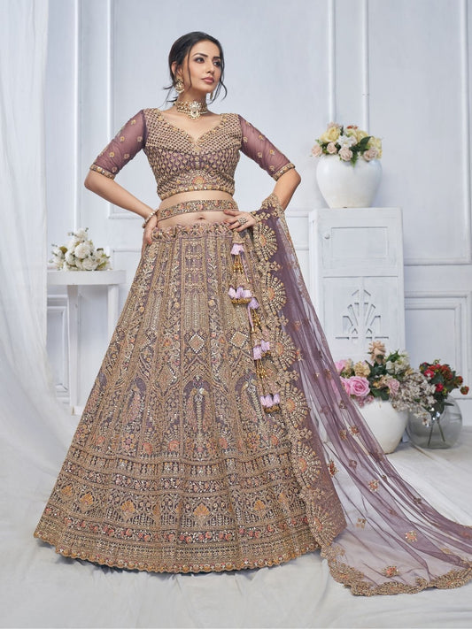 Odette Light Purple Soft Net Embroidered Semi-Stitched Lehenga With Unstitched Blouse For Women
