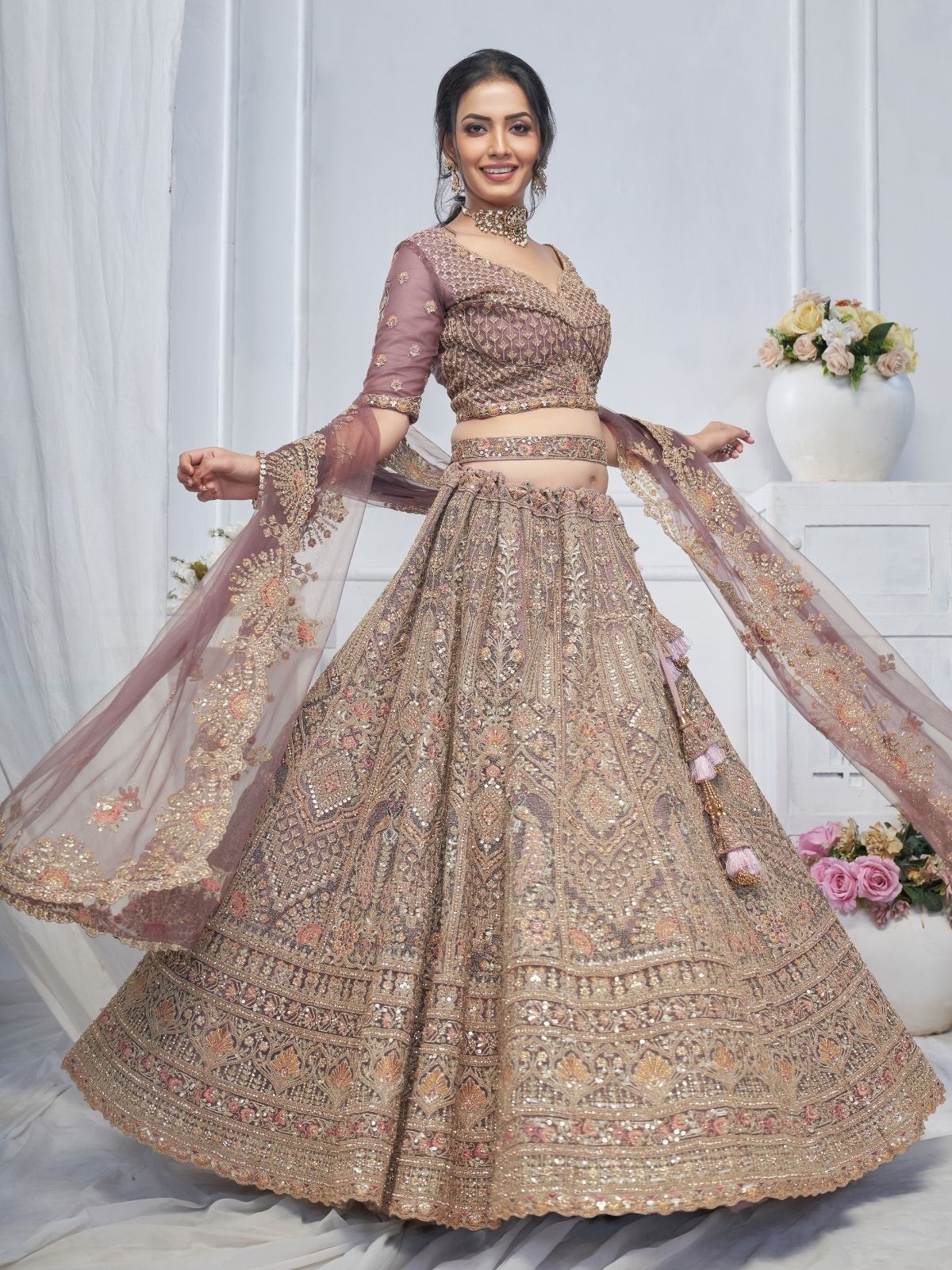 Odette Light Purple Soft Net Embroidered Semi-Stitched Lehenga With Unstitched Blouse For Women