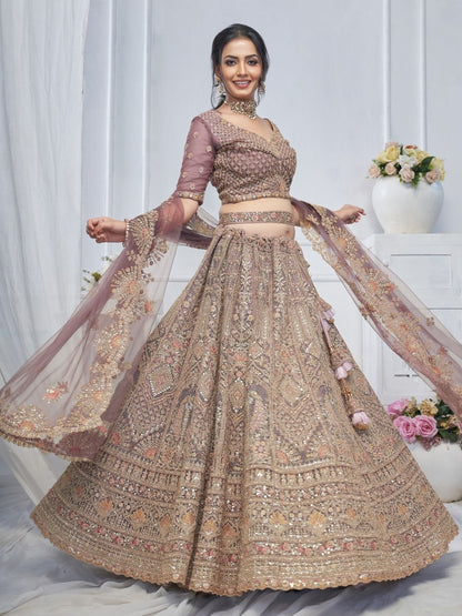 Odette Light Purple Soft Net Embroidered Semi-Stitched Lehenga With Unstitched Blouse For Women
