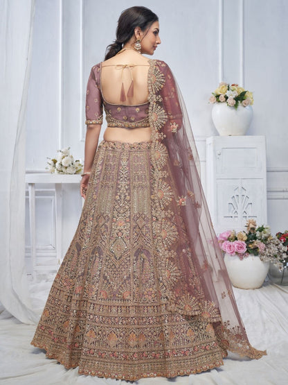 Odette Light Purple Soft Net Embroidered Semi-Stitched Lehenga With Unstitched Blouse For Women