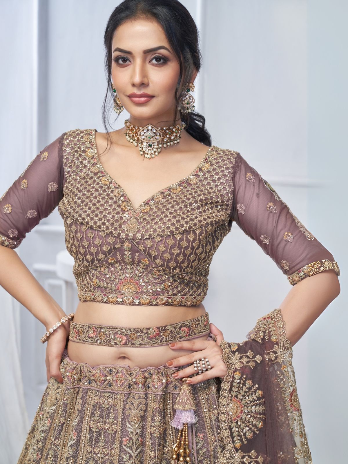 Odette Light Purple Soft Net Embroidered Semi-Stitched Lehenga With Unstitched Blouse For Women