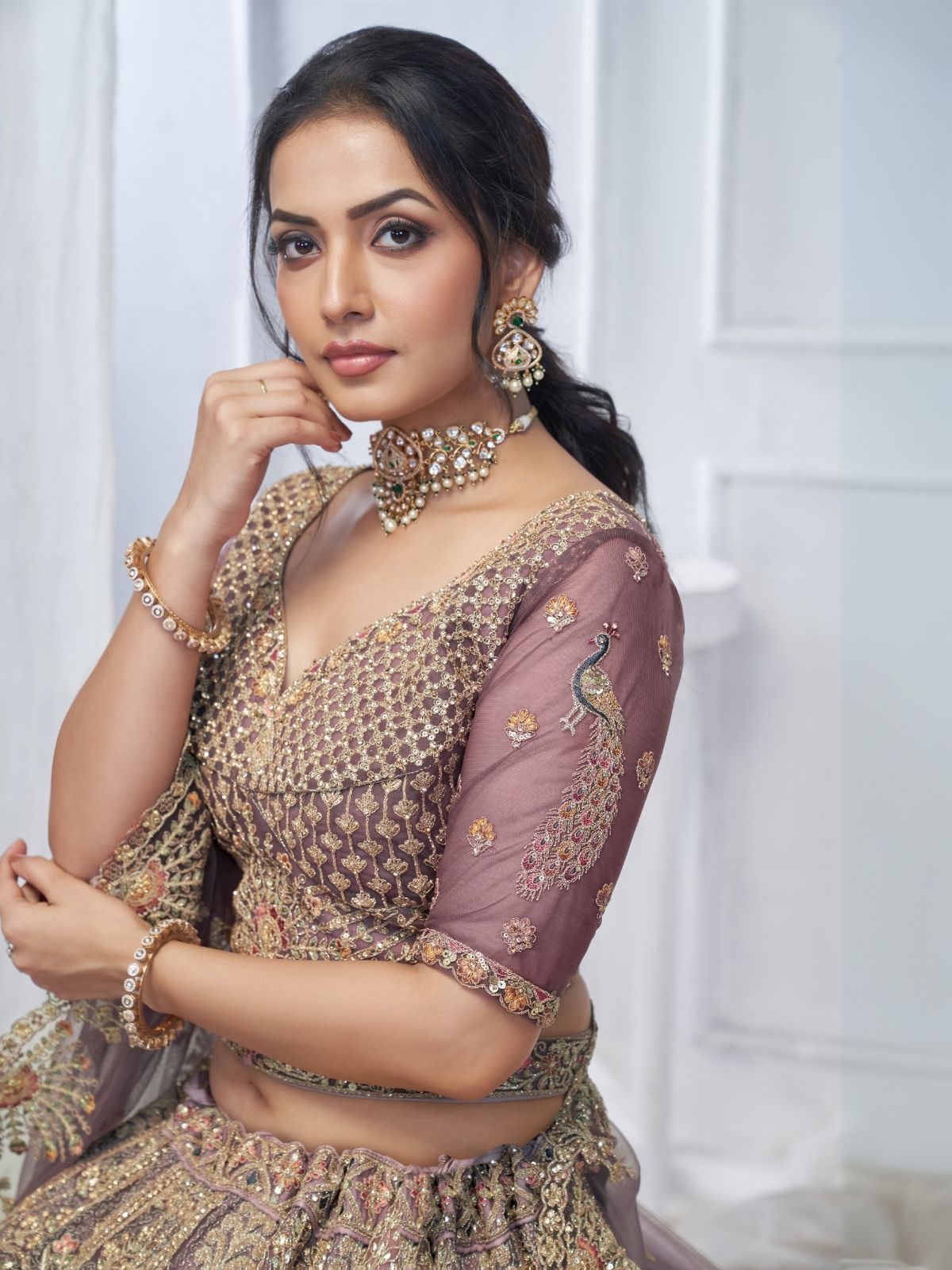 Odette Light Purple Soft Net Embroidered Semi-Stitched Lehenga With Unstitched Blouse For Women