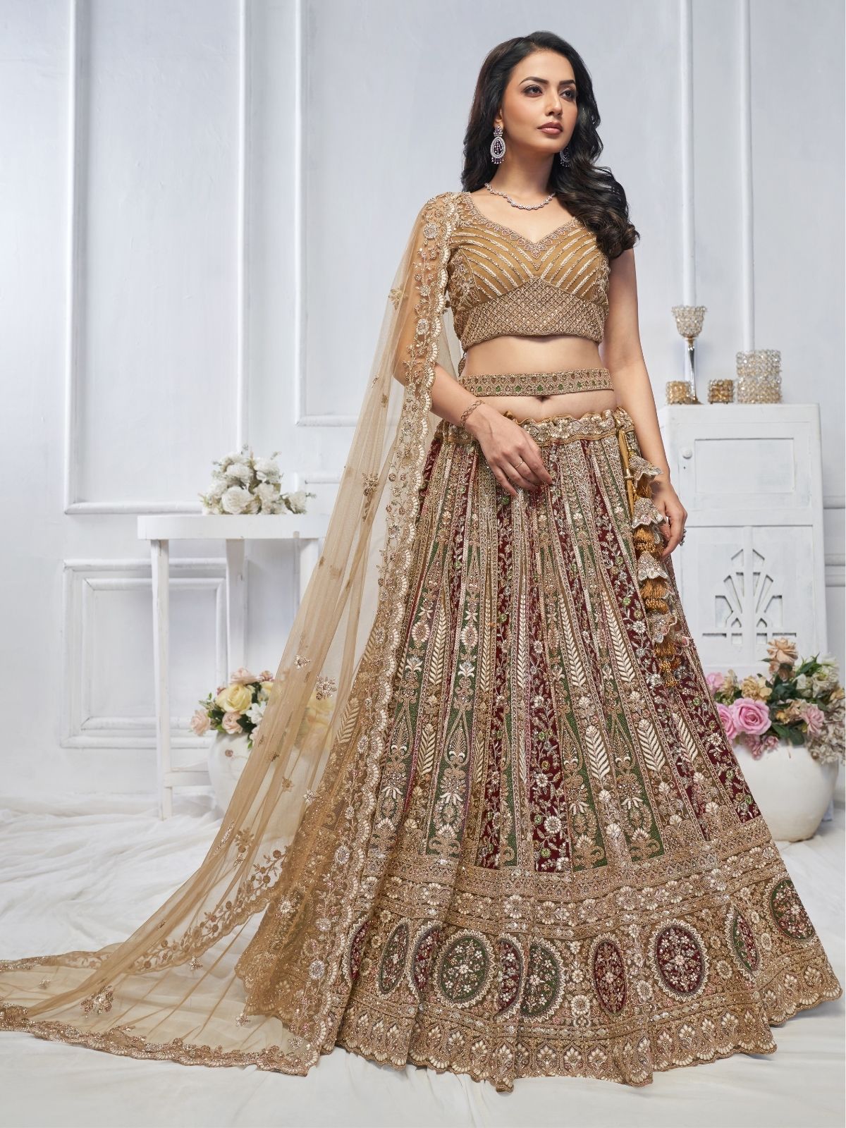 Odette Multicolor Soft Net Embroidered Semi-Stitched Lehenga With Unstitched Blouse For Women