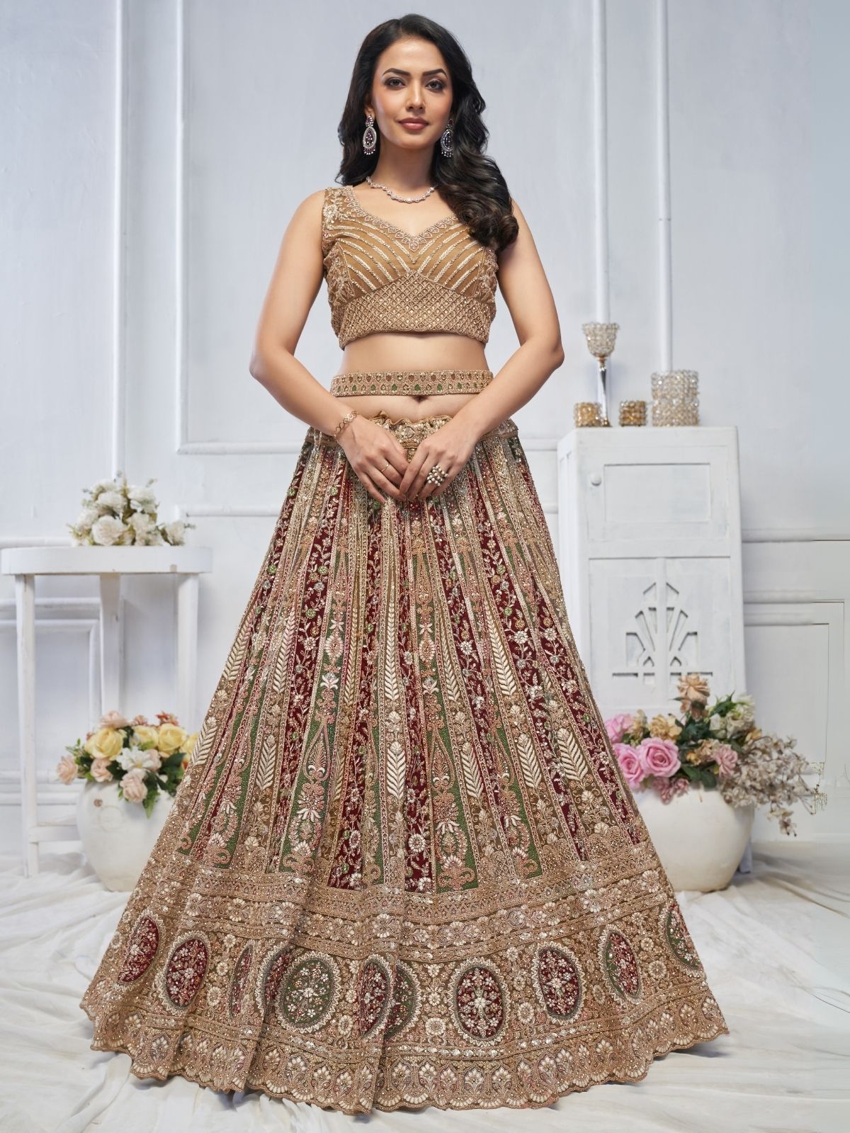 Odette Multicolor Soft Net Embroidered Semi-Stitched Lehenga With Unstitched Blouse For Women