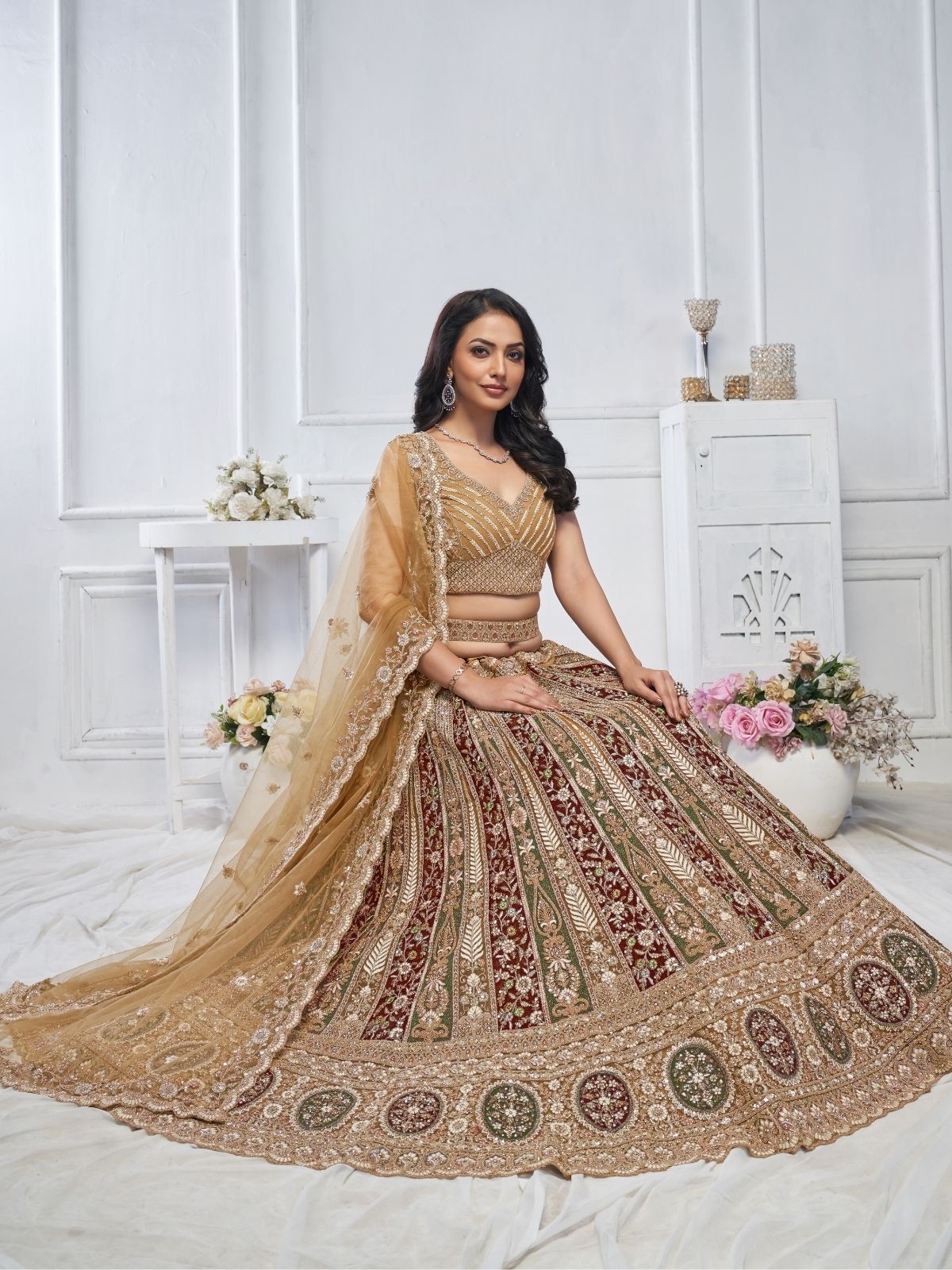 Odette Multicolor Soft Net Embroidered Semi-Stitched Lehenga With Unstitched Blouse For Women