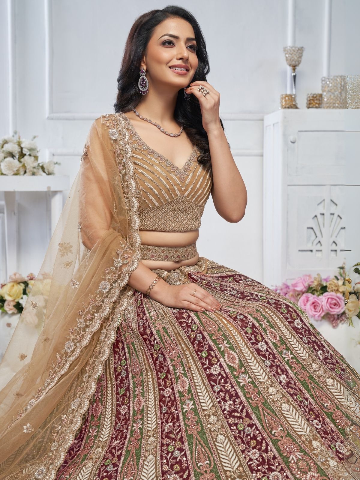 Odette Multicolor Soft Net Embroidered Semi-Stitched Lehenga With Unstitched Blouse For Women