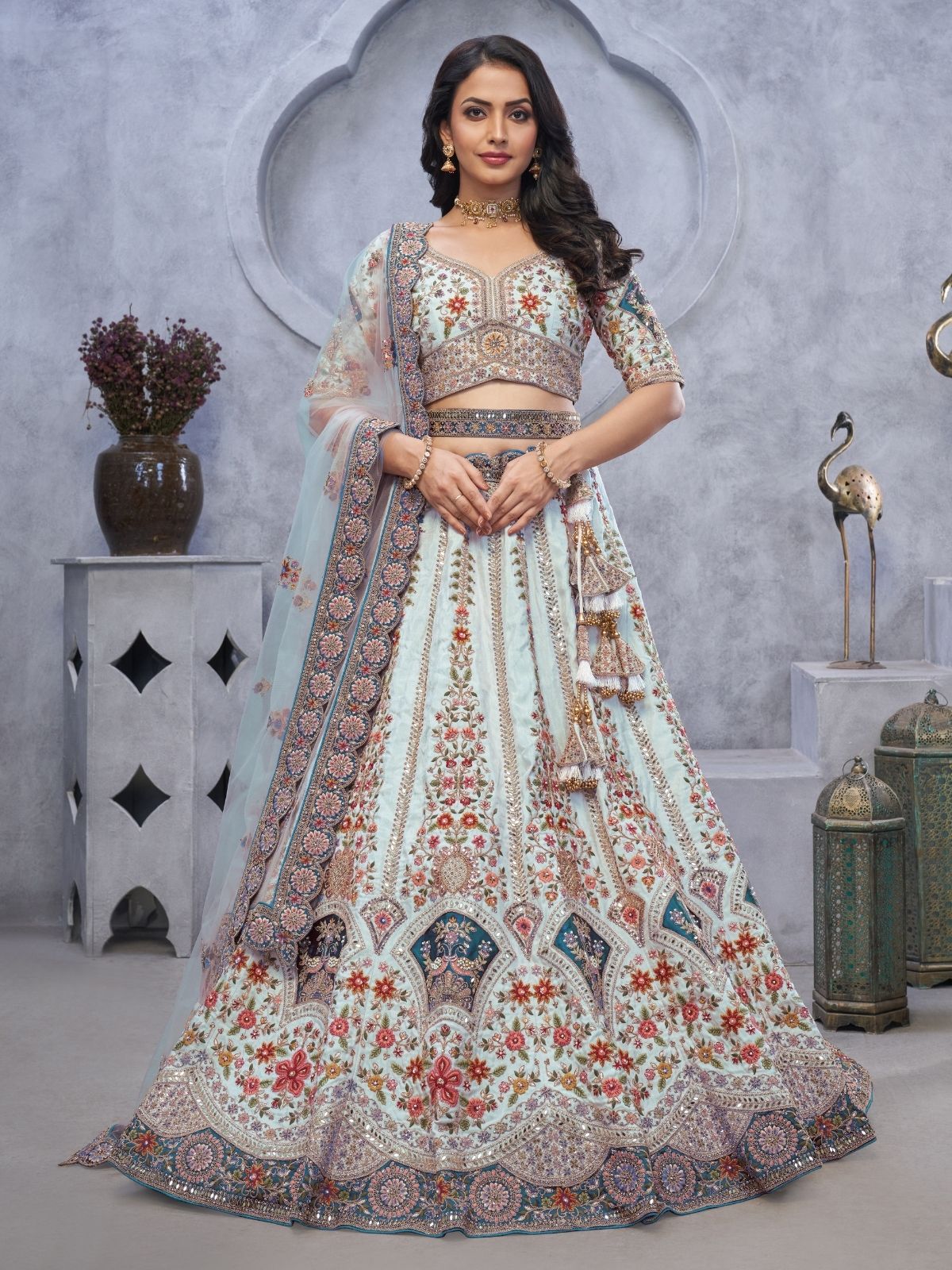 Odette Light Blue Organza  Embroidered Semi-Stitched Lehenga With Unstitched Blouse For Women