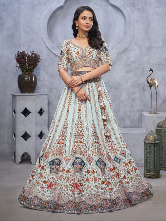 Odette Light Blue Organza  Embroidered Semi-Stitched Lehenga With Unstitched Blouse For Women
