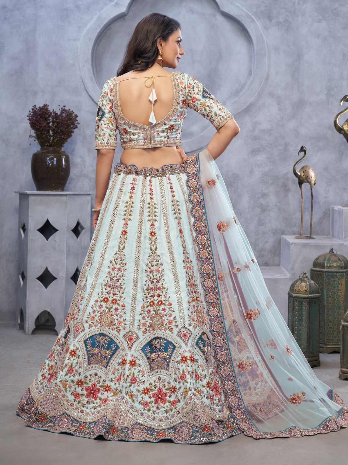 Odette Light Blue Organza  Embroidered Semi-Stitched Lehenga With Unstitched Blouse For Women