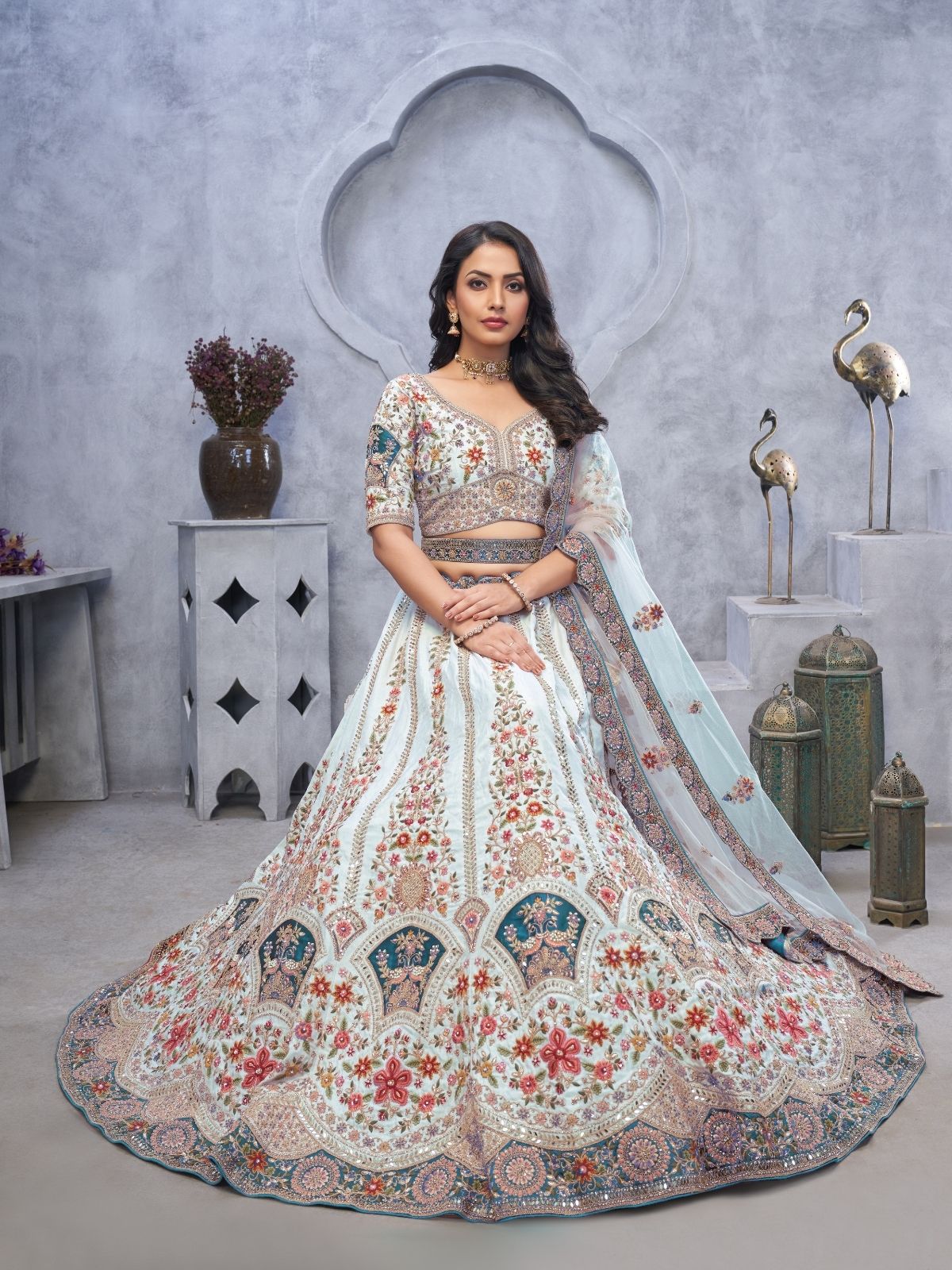 Odette Light Blue Organza  Embroidered Semi-Stitched Lehenga With Unstitched Blouse For Women