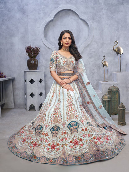 Odette Light Blue Organza  Embroidered Semi-Stitched Lehenga With Unstitched Blouse For Women