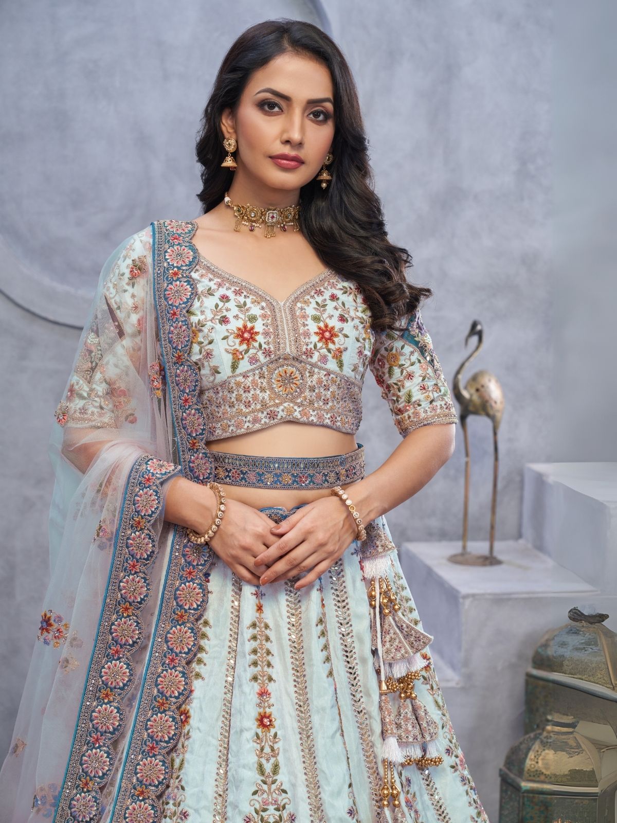 Odette Light Blue Organza  Embroidered Semi-Stitched Lehenga With Unstitched Blouse For Women