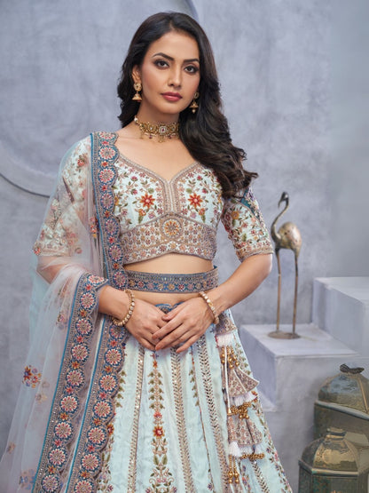 Odette Light Blue Organza  Embroidered Semi-Stitched Lehenga With Unstitched Blouse For Women